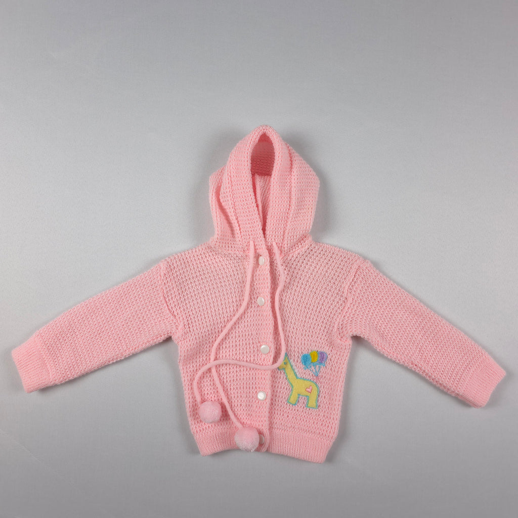Vintage Little by Little Pink Hooded Knit Cardigan | 18 Months | Giraffe Embroidered Sweater