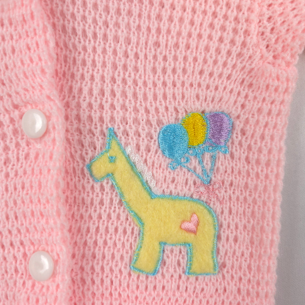 Vintage Little by Little Pink Hooded Knit Cardigan | 18 Months | Giraffe Embroidered Sweater