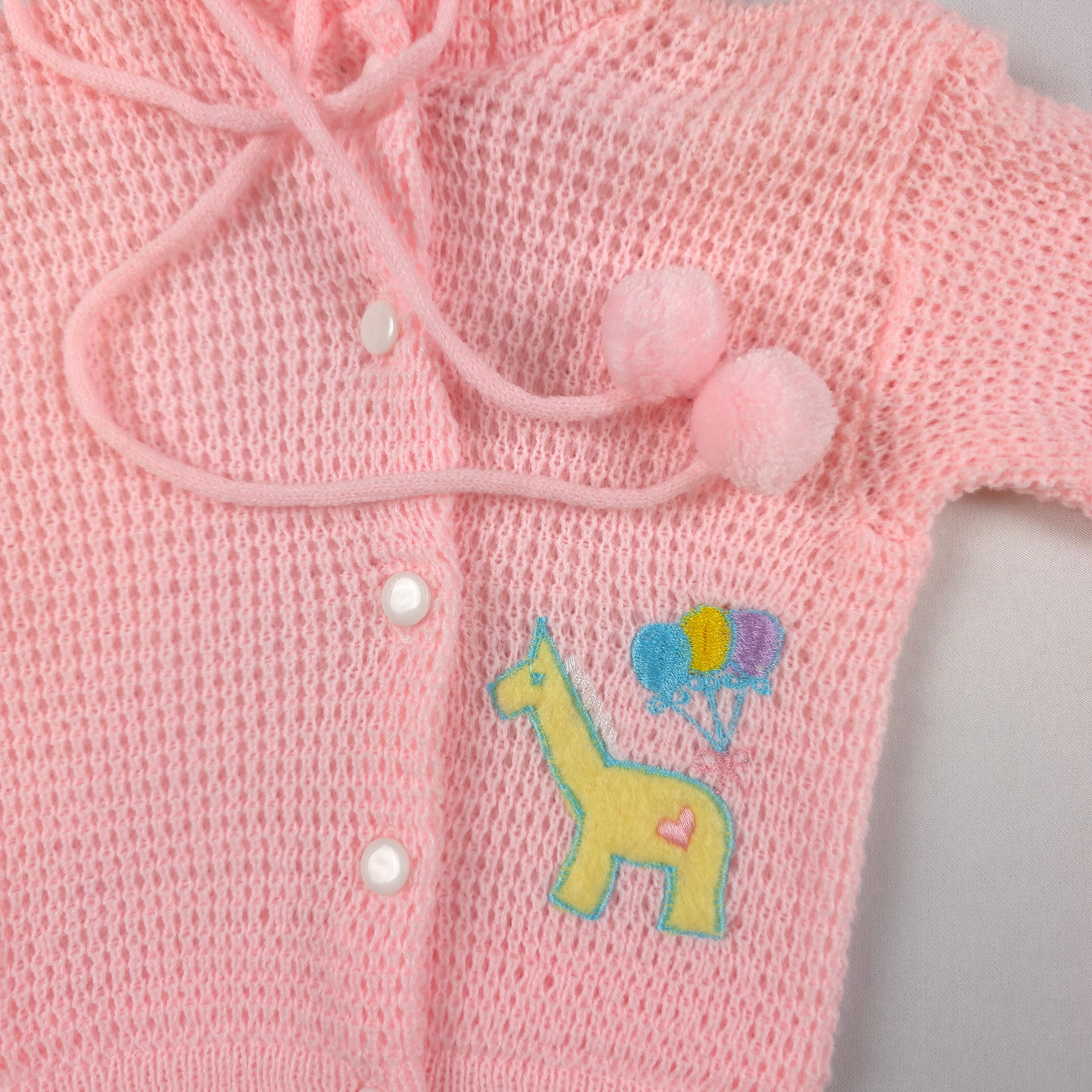 Vintage Little by Little Pink Hooded Knit Cardigan | 18 Months | Giraffe Embroidered Sweater