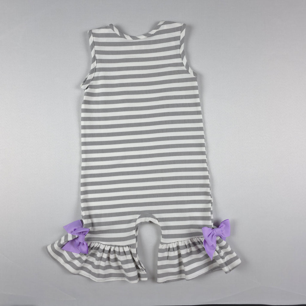 Ricrac & Ruffles Gray & White Stripe Ruffle Romper with Lavender Bows | 18 Months