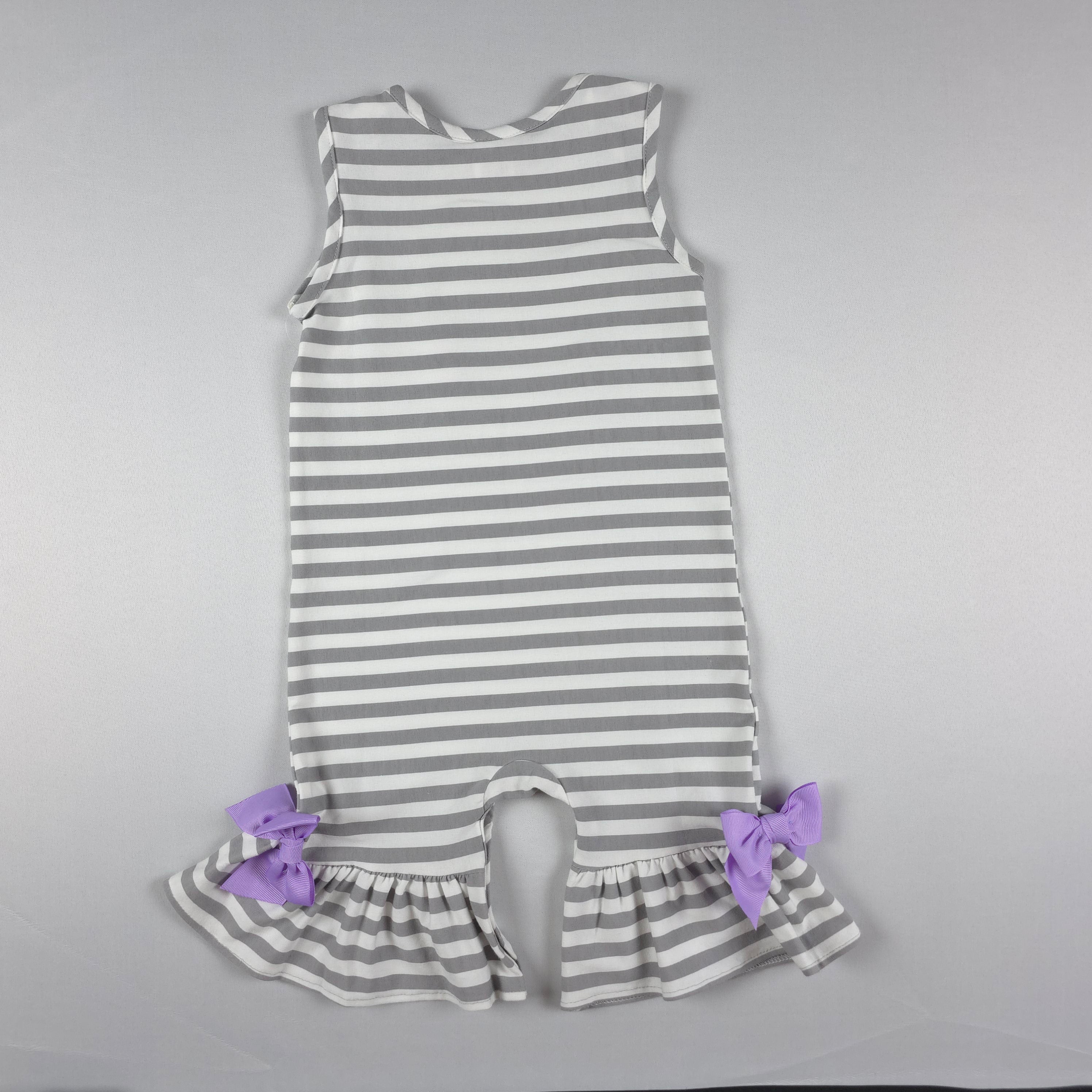 Ricrac & Ruffles Gray & White Stripe Ruffle Romper with Lavender Bows | 18 Months