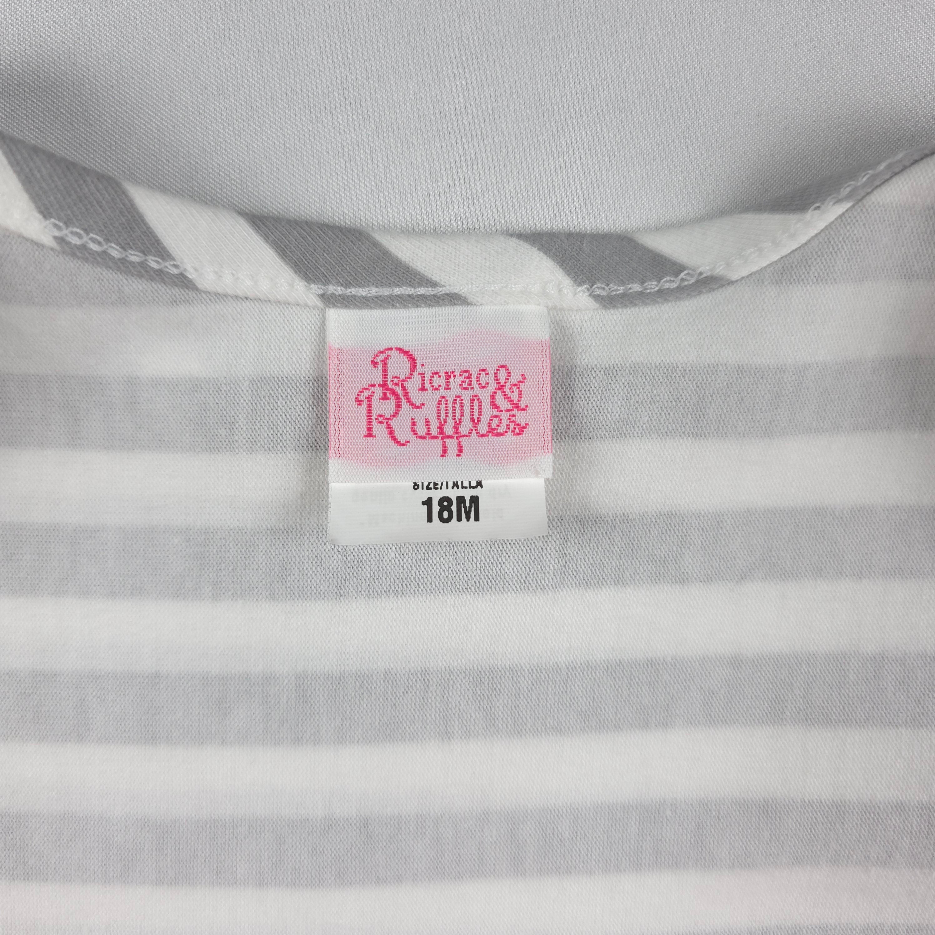 Ricrac & Ruffles Gray & White Stripe Ruffle Romper with Lavender Bows | 18 Months