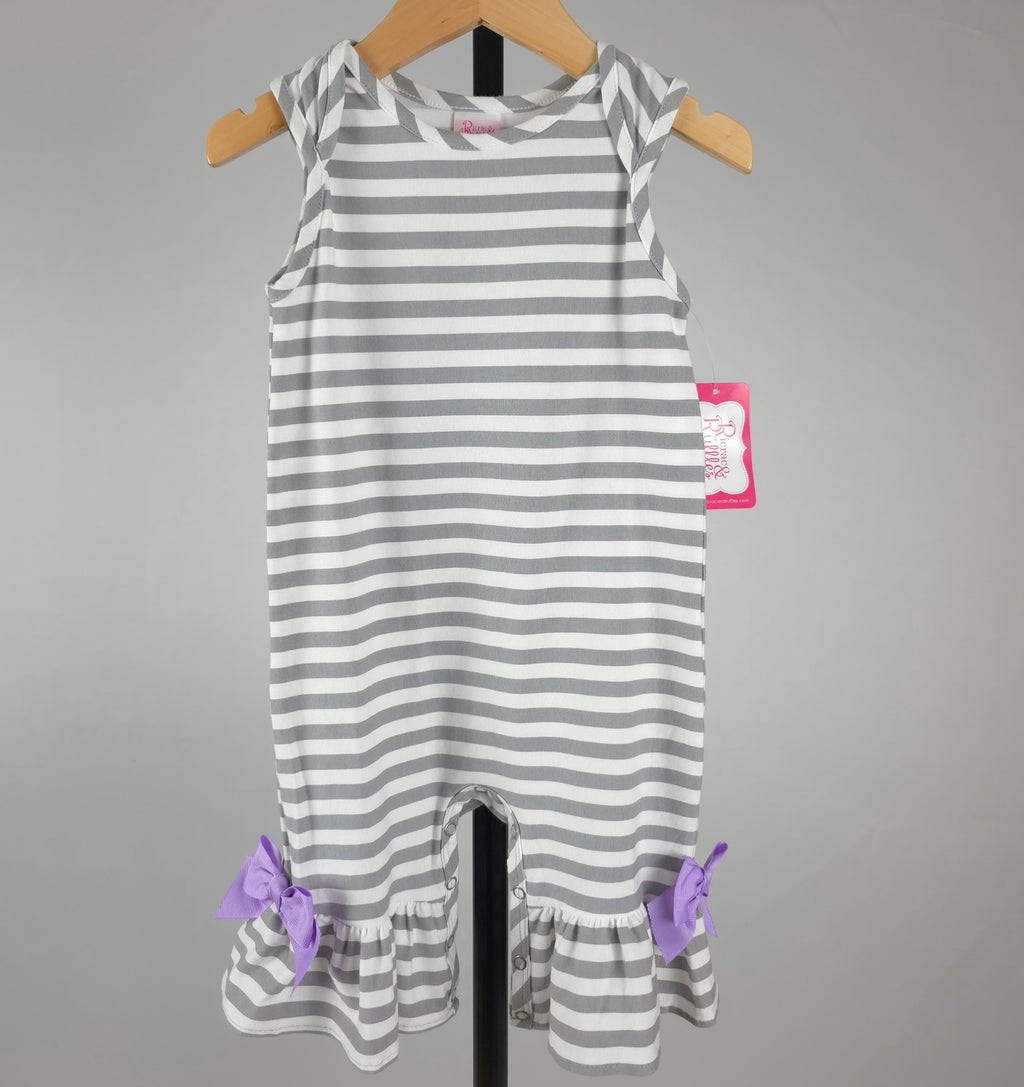 Ricrac & Ruffles Gray & White Stripe Ruffle Romper with Lavender Bows | 18 Months