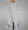 Ricrac & Ruffles Gray & White Stripe Ruffle Romper with Lavender Bows | 18 Months