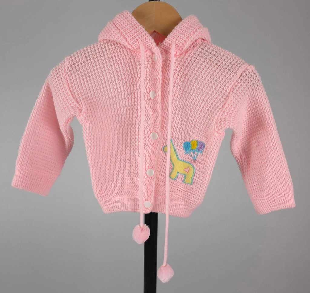 Vintage Little by Little Pink Hooded Knit Cardigan | 18 Months | Giraffe Embroidered Sweater