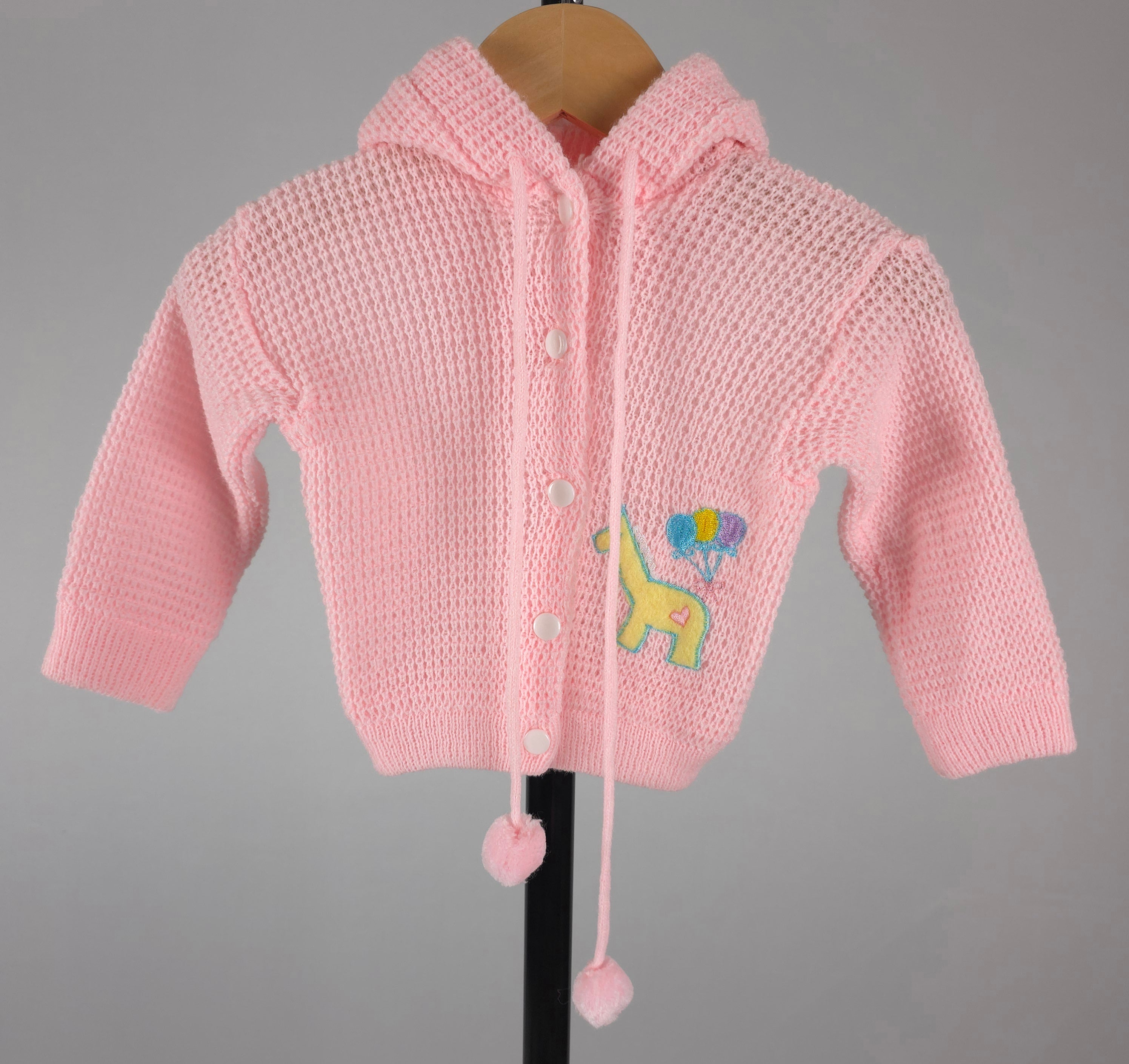 Vintage Little by Little Pink Hooded Knit Cardigan | 18 Months | Giraffe Embroidered Sweater