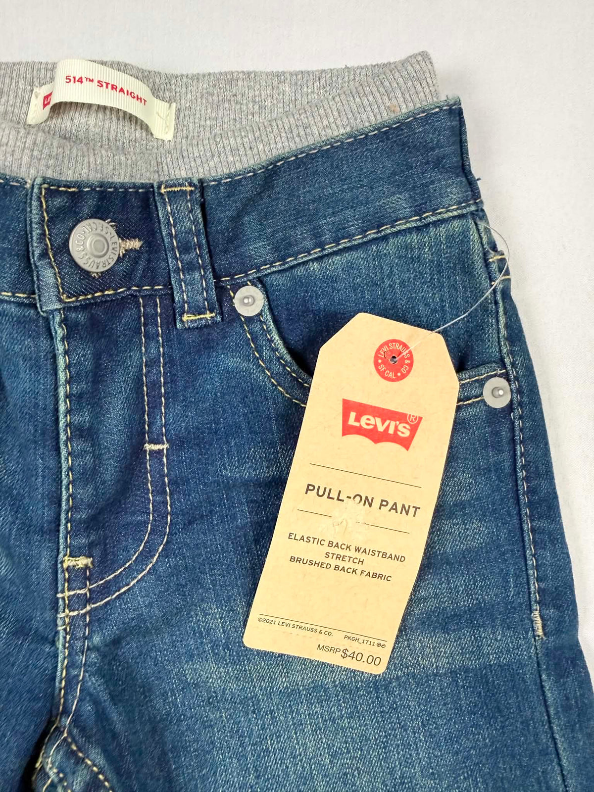 Levi's 514 Straight pull-on jeans back view size 3T medium wash NWT leather patch red tab