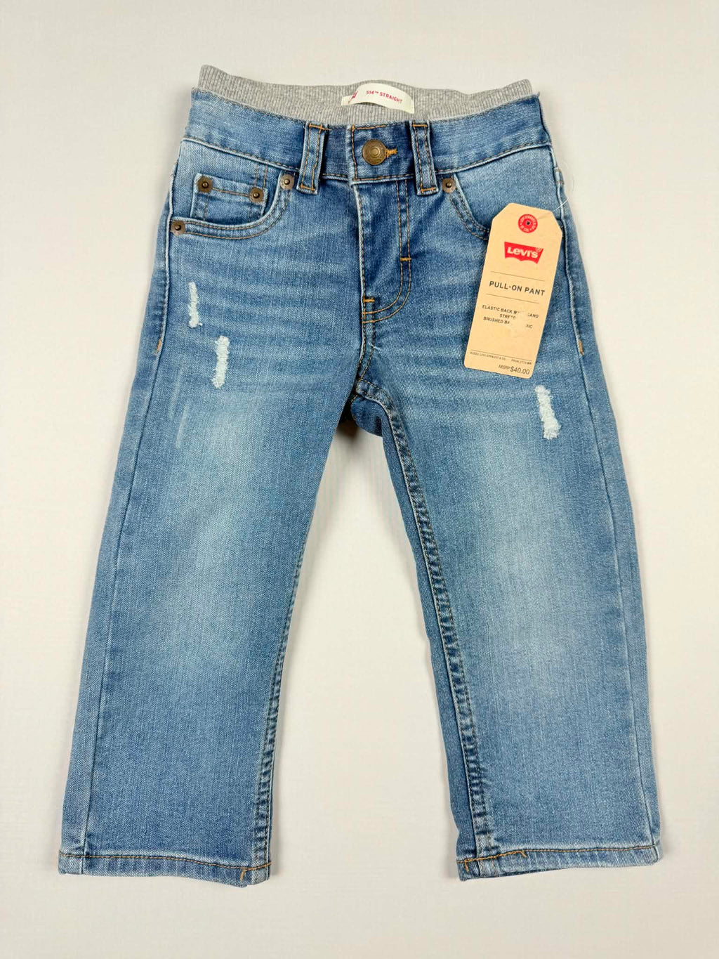 Levi's 514 Straight pull-on jeans back view showing leather patch elastic waist size 2T