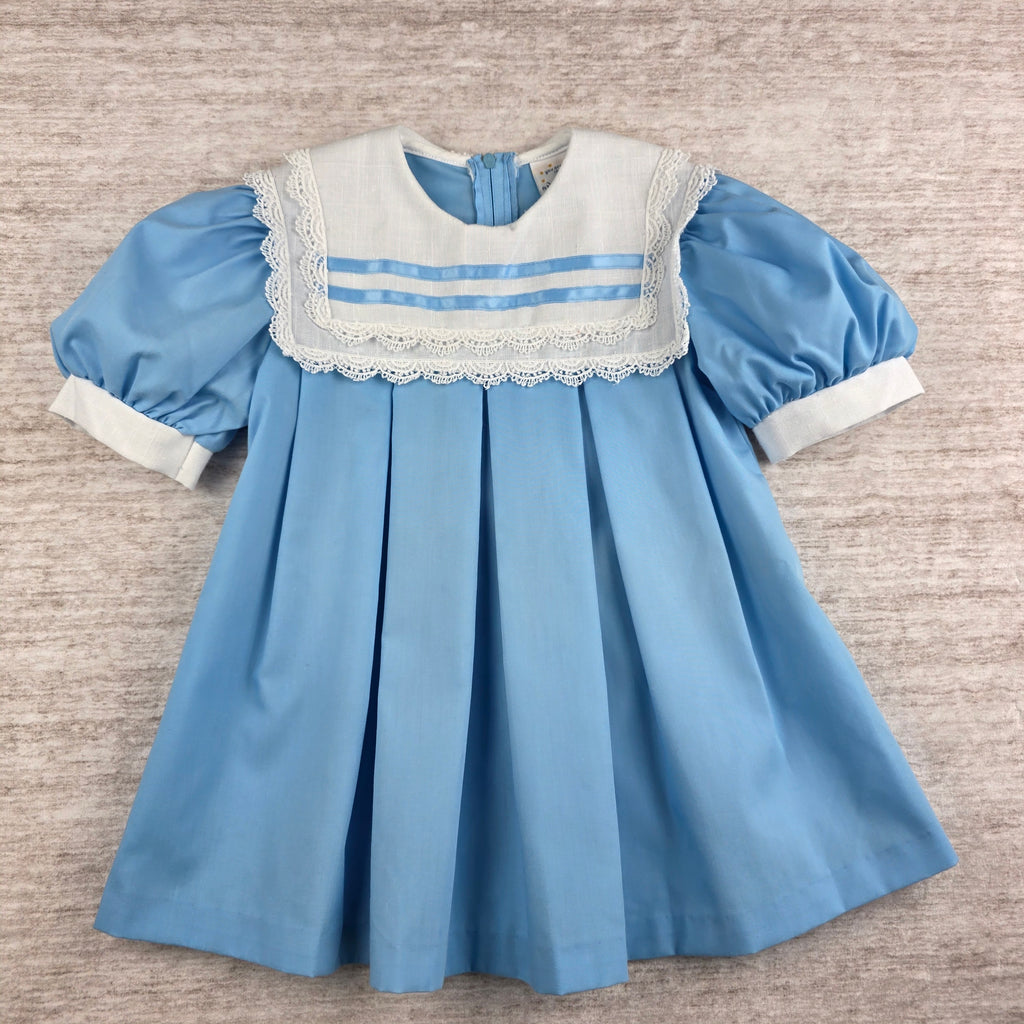 Vintage Girls Blue Lace Bib Collar Puff Sleeve Dress | Size 4