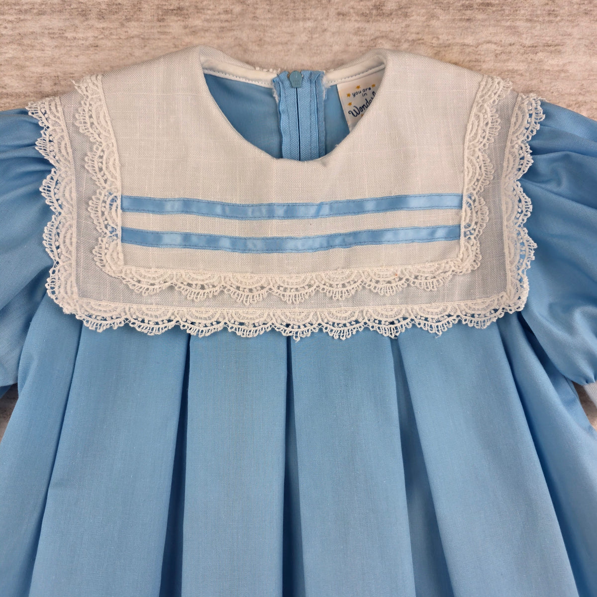 Vintage Girls Blue Lace Bib Collar Puff Sleeve Dress | Size 4