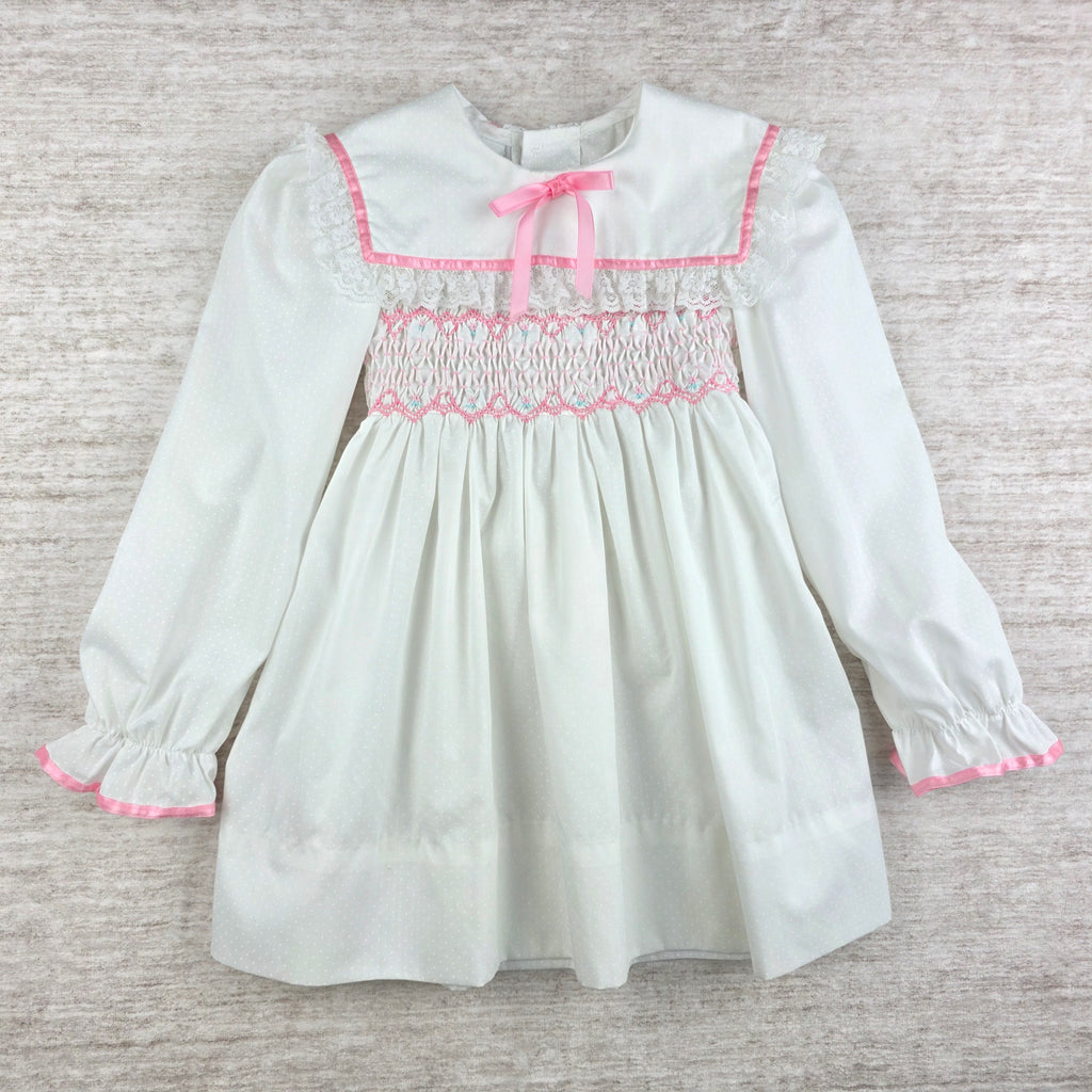 Polly Flinders Vintage Girls White Smocked Dress w/ Pink Trim | Size 4