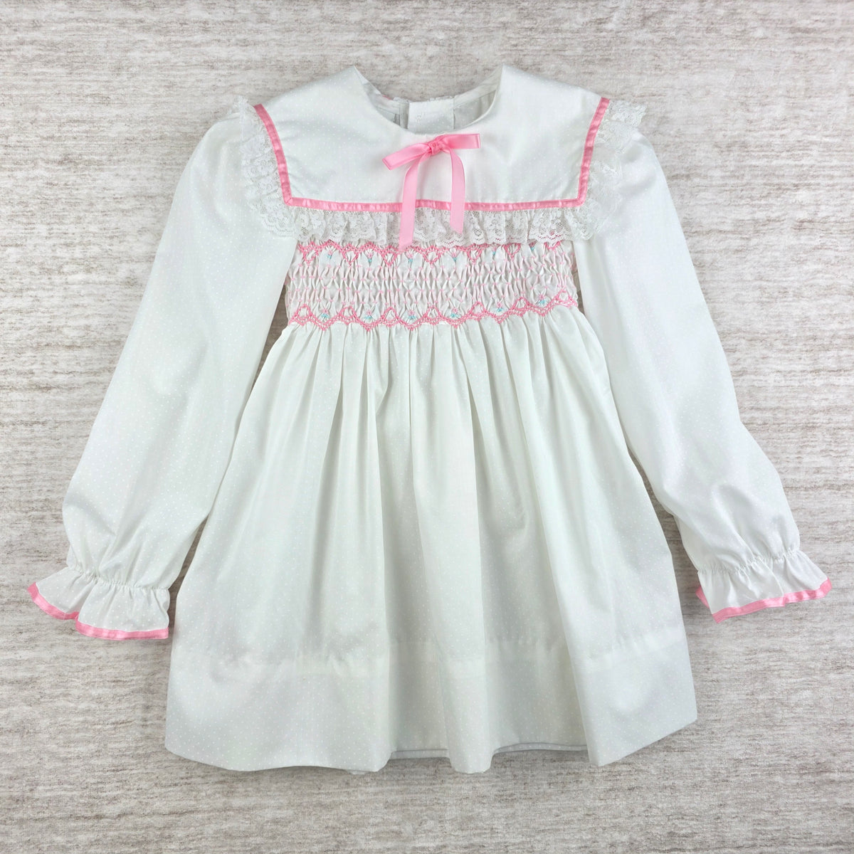 Polly Flinders Vintage Girls White Smocked Dress w/ Pink Trim | Size 4