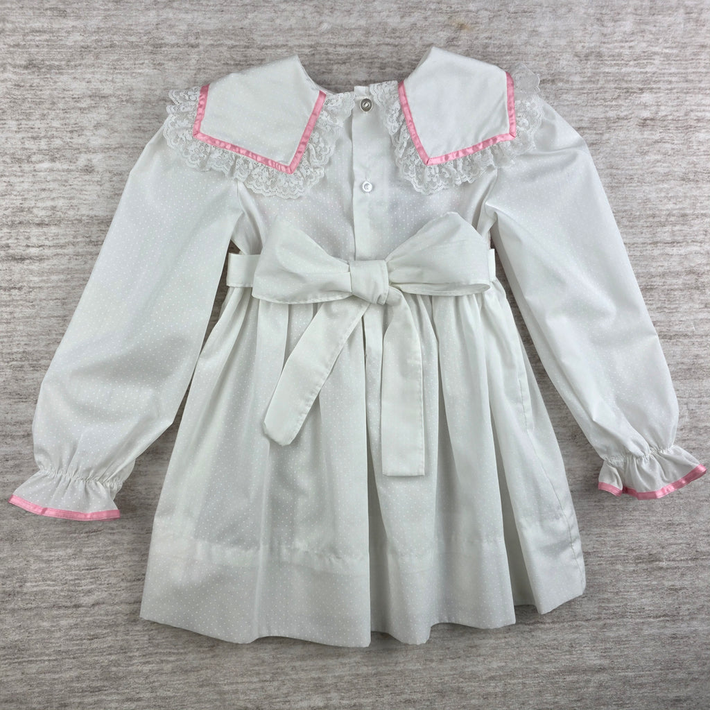 Polly Flinders Vintage Girls White Smocked Dress w/ Pink Trim | Size 4