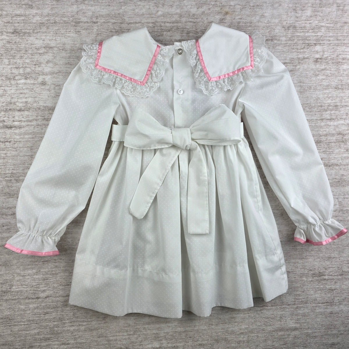 Polly Flinders Vintage Girls White Smocked Dress w/ Pink Trim | Size 4
