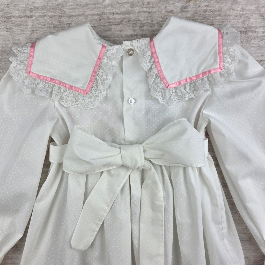 Polly Flinders Vintage Girls White Smocked Dress w/ Pink Trim | Size 4