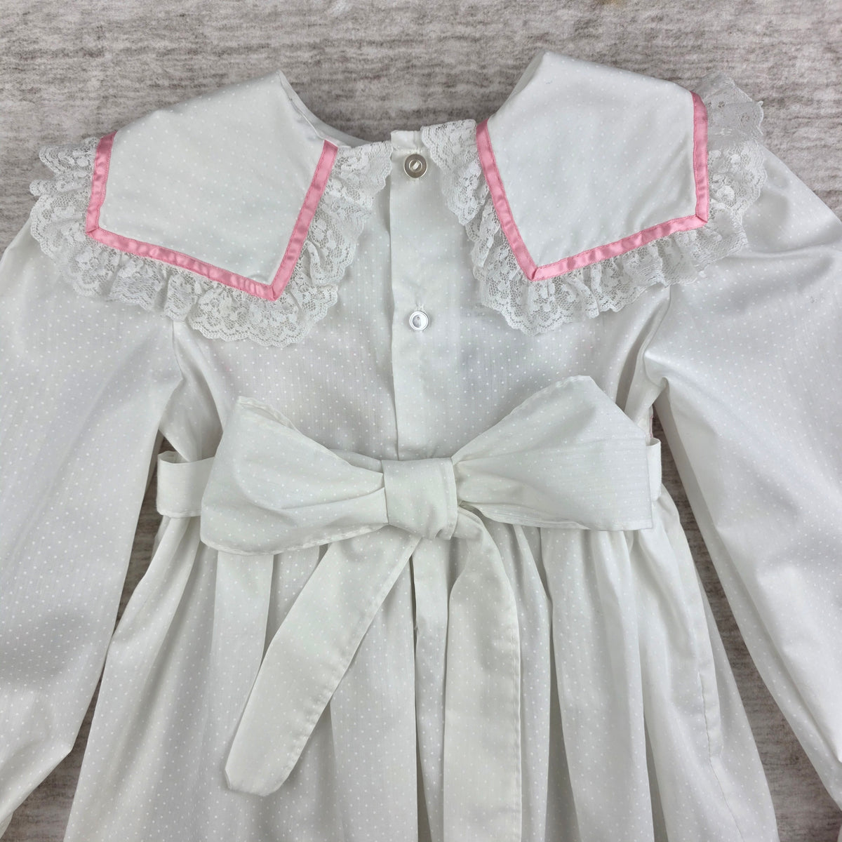 Polly Flinders Vintage Girls White Smocked Dress w/ Pink Trim | Size 4