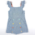 Bushel & Peck Children's Consignment Boutique blue pinstripe ruffle dress with multicolor buttons and floral lining