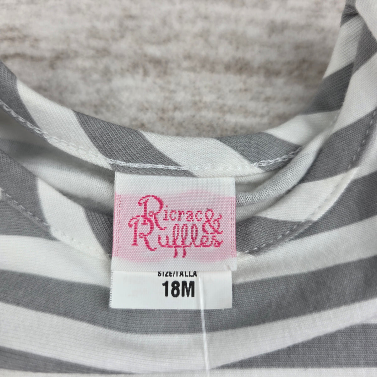 Ricrac & Ruffles Gray & White Stripe Ruffle Romper | 18 Months |