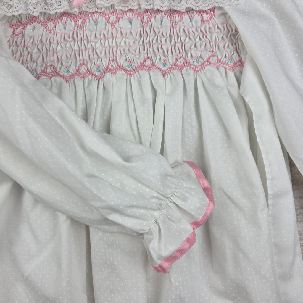 Polly Flinders Vintage Girls White Smocked Dress w/ Pink Trim | Size 4