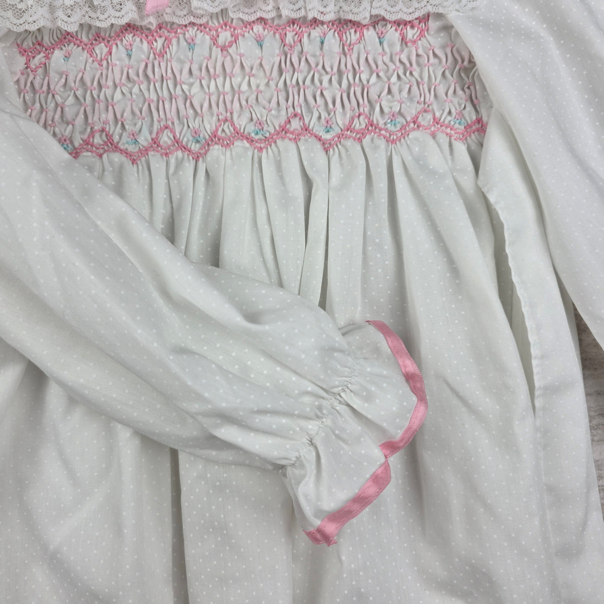 Polly Flinders Vintage Girls White Smocked Dress w/ Pink Trim | Size 4