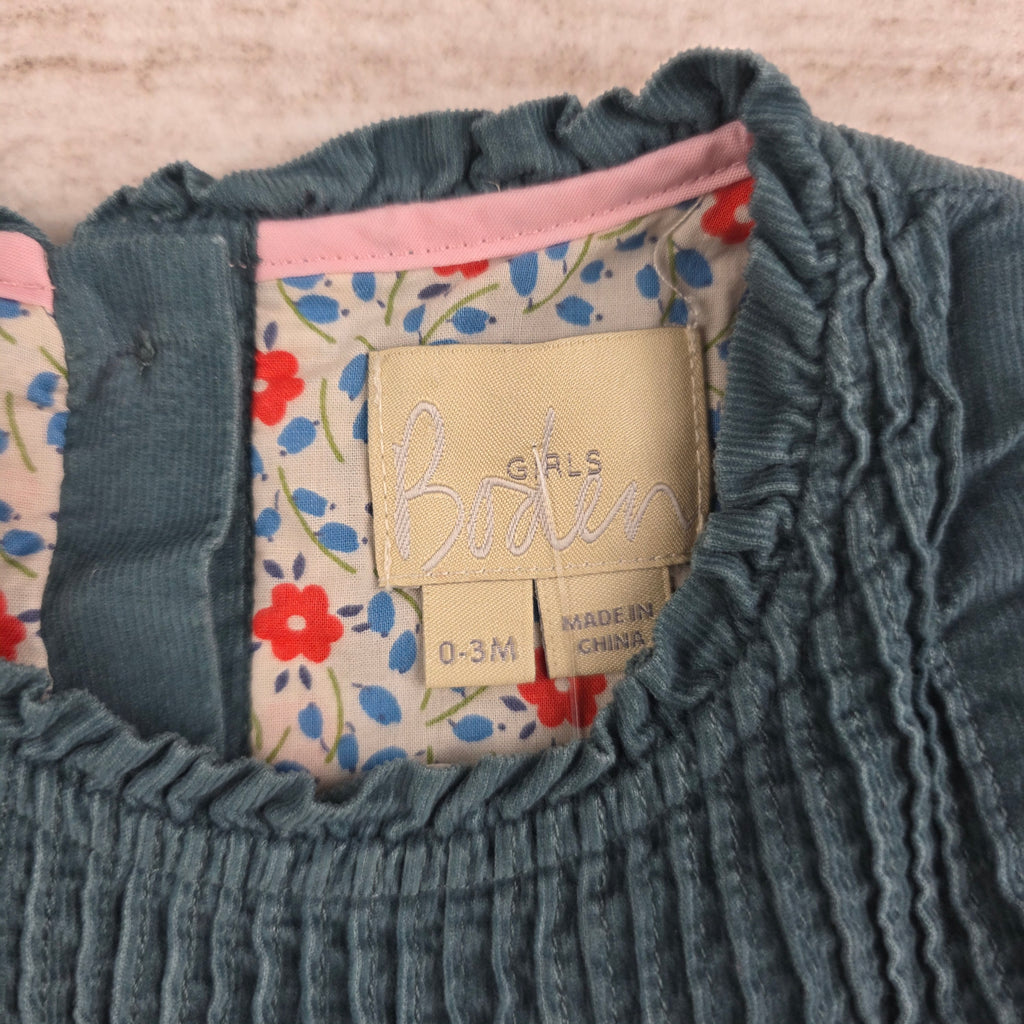 Boden Girls Teal Corduroy Smocked Dress | 0-3M
