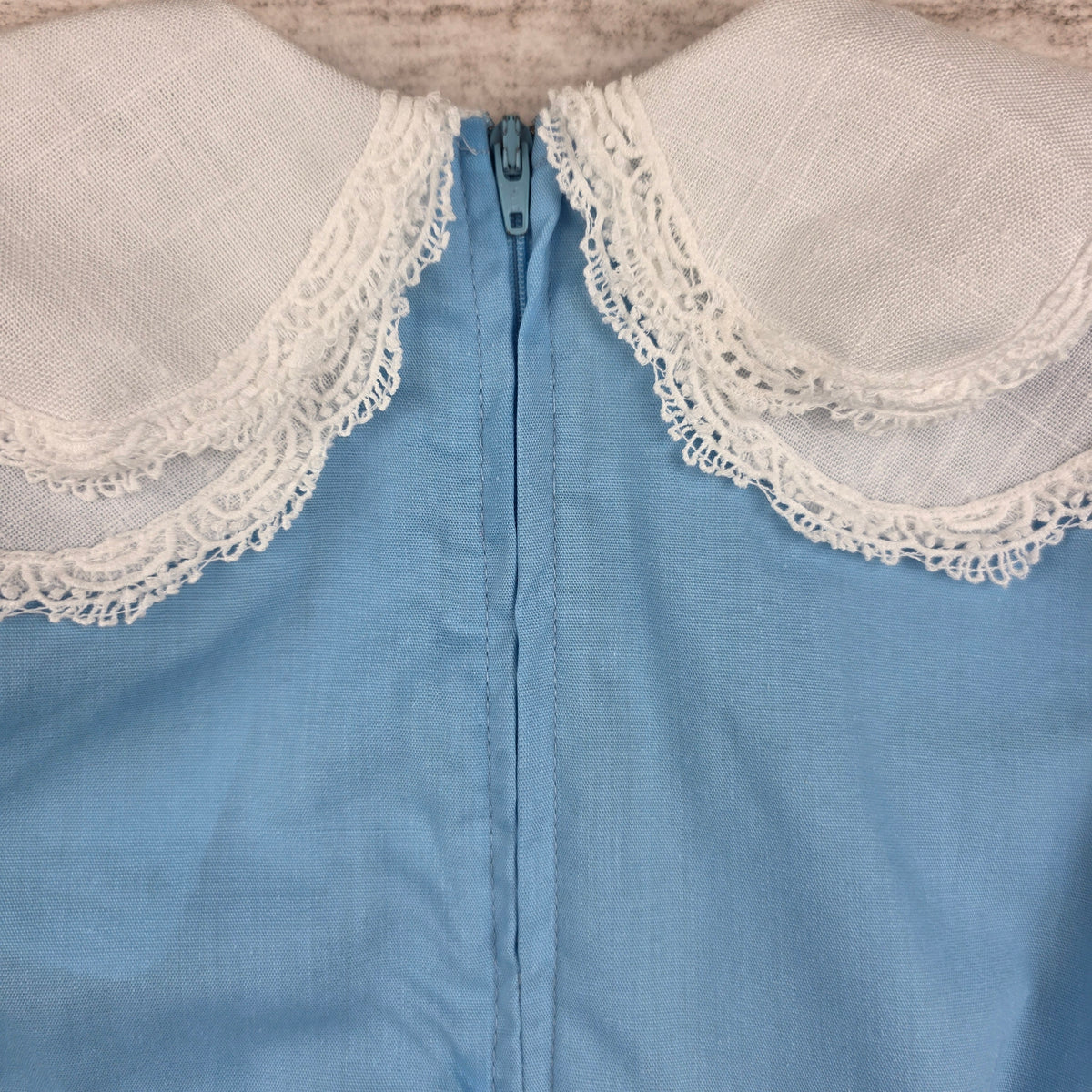 Vintage Girls Blue Lace Bib Collar Puff Sleeve Dress | Size 4
