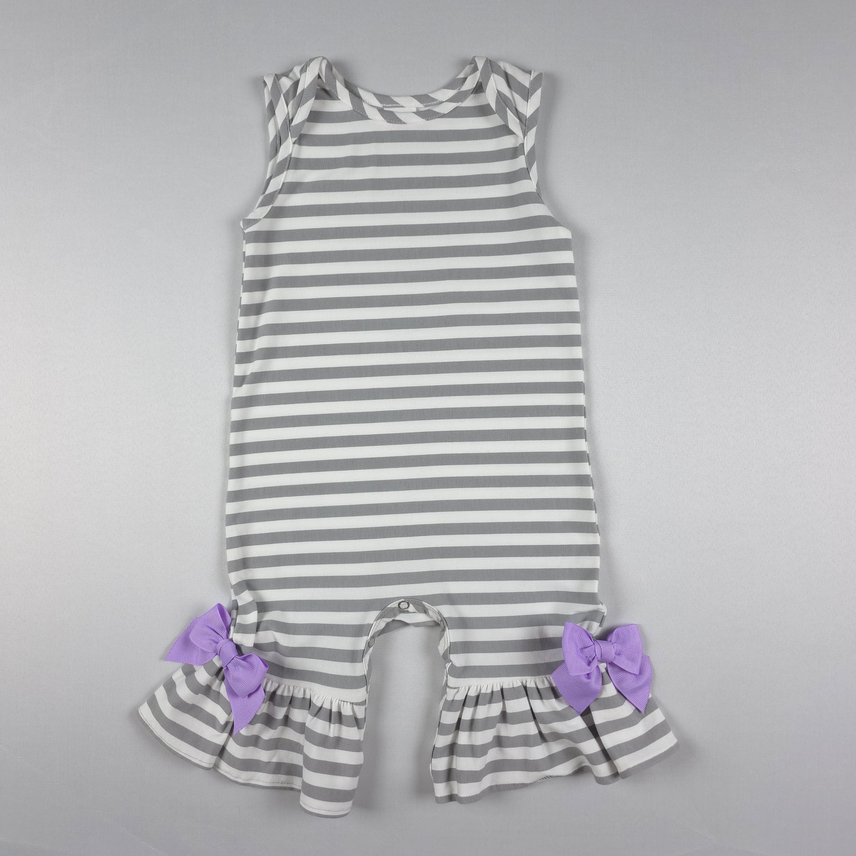 Ricrac & Ruffles Gray & White Stripe Ruffle Romper with Lavender Bows | 18 Months