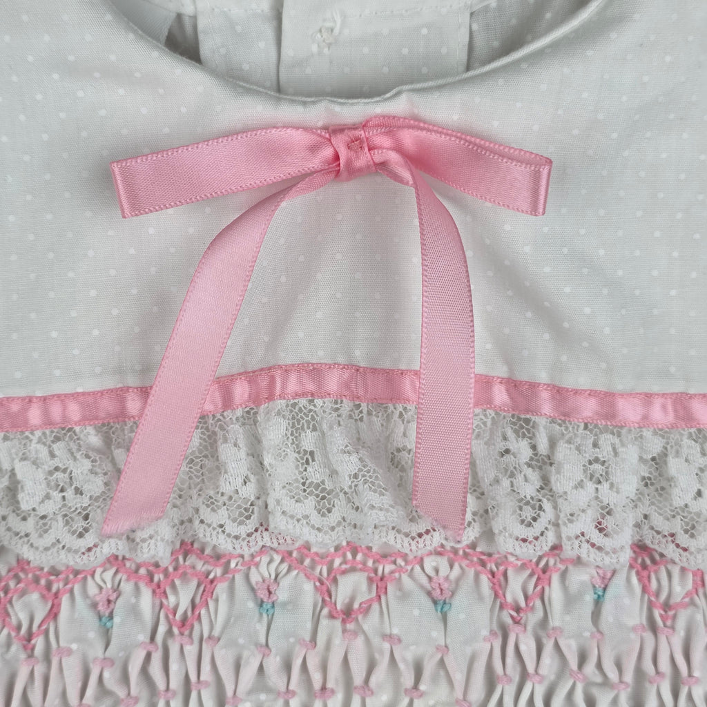 Polly Flinders Vintage Girls White Smocked Dress w/ Pink Trim | Size 4