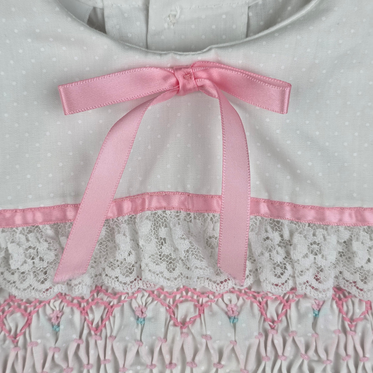 Polly Flinders Vintage Girls White Smocked Dress w/ Pink Trim | Size 4